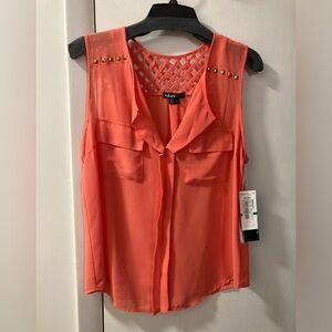 Takara sleeveless sheer orange fashion shirt with gold rivets. Size L with tags